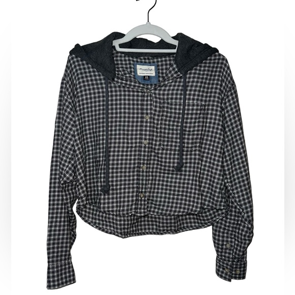 AE Cropped Flannel Shirt Hoodie, Size XS - Picture 3 of 5